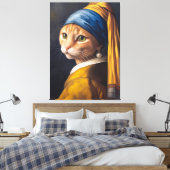 Kat met een parel oorbel | Grappige Vermeer-parodi Canvas Afdruk (Insitu (Slaapkamer))