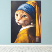 Kat met een parel oorbel | Grappige Vermeer-parodi Canvas Afdruk (Insitu (Houten vloer))