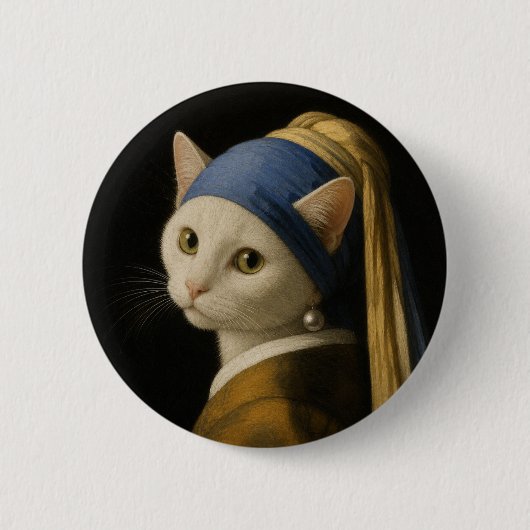 Kat met een pareloorbel ronde button 5,7 cm (Voorkant)