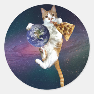 Kat met een planeet en pizza eten ronde sticker