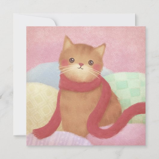 Kat met een rode sjaal illustratie bedankkaart (Voorkant)