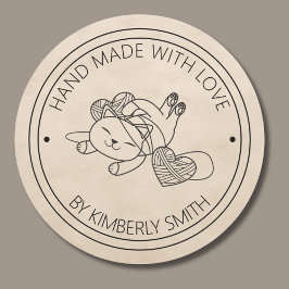 Kat met Garen Hand Gemaakt met Liefde Monogram Ronde Sticker