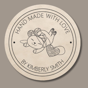 Kat met Garen Hand Gemaakt met Liefde Monogram Ronde Sticker