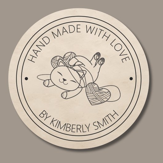 Kat met Garen Hand Gemaakt met Liefde Monogram Ronde Sticker