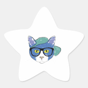 KAT MET GEEL OGEN IN ZWARTE GLASSEN EN GROEN PET STER STICKER