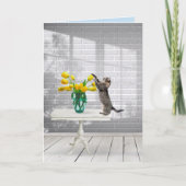Kat met gele Tulips naamdag Kaart (Voorkant)