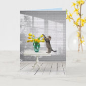 Kat met gele Tulips naamdag Kaart (Gele Bloem)