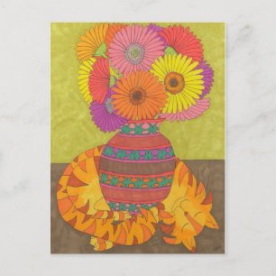 Kat met Gerbera Daisies in Talavera Vase Briefkaart
