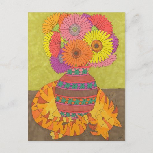 Kat met Gerbera Daisies in Talavera Vase Briefkaart (Voorkant)