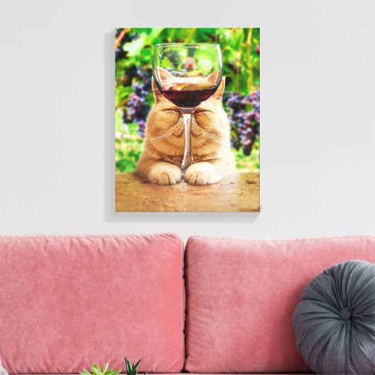 Kat met glas wijn canvas afdruk (Insitu (Woonkamer))