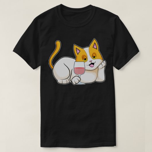 Kat met glas wijn t-shirt (Design voorkant)