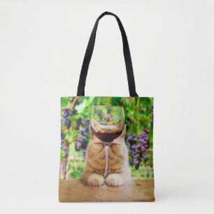 Kat met glas wijn tote bag