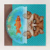 Kat met Goldfish Bowl Funny Hungry Grinning Kat Legpuzzel (Horizontaal)