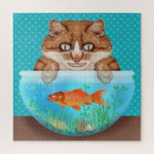 Kat met Goldfish Bowl Funny Hungry Grinning Kat Legpuzzel (Verticaal)