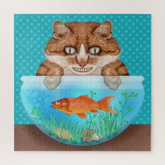 Kat met Goldfish Bowl Funny Hungry Grinning Kat Legpuzzel (Verticaal)