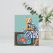 Kat Met Goudvis op TV Retro Collage Briefkaart (Staand voorkant)