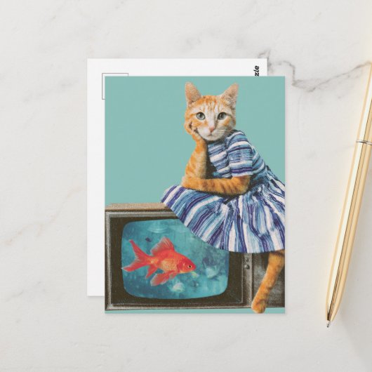 Kat Met Goudvis op TV Retro Collage Briefkaart (Voorkant / Achterkant in situ)