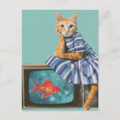 Kat Met Goudvis op TV Retro Collage Briefkaart (Voorkant)
