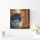 Kat met grijs en witte vloeispaat, Fantasy Vierkante Klok (Huis)