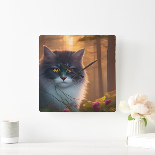 Kat met grijs en witte vloeispaat, Fantasy Vierkante Klok (Huis)