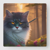 Kat met grijs en witte vloeispaat, Fantasy Vierkante Klok (Voorkant)