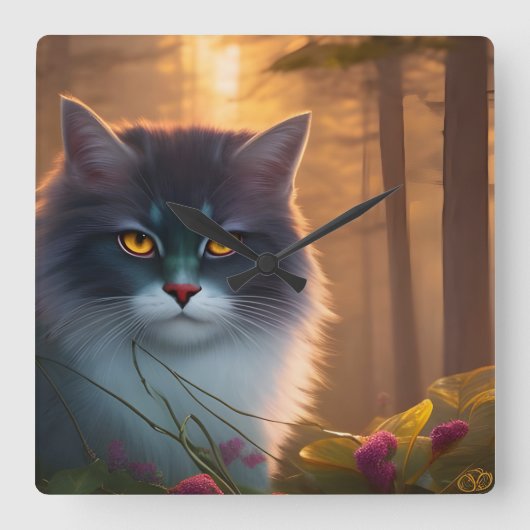 Kat met grijs en witte vloeispaat, Fantasy Vierkante Klok (Voorkant)