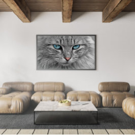 Kat met grijze en zwarte tablet met prachtige blau poster