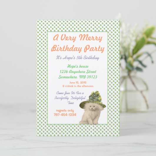 Kat met Groen  Pet Verjaardagsfeest Kaart (Staand voorkant)
