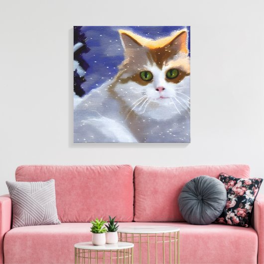 Kat met groene ogen op een sneeuwwinterdag canvas afdruk (Insitu (Woonkamer))