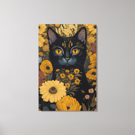 Kat met grote ogen voor de bloemen #2 canvas afdruk (Voorkant)