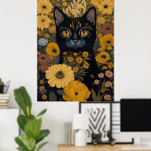 Kat met grote ogen voor de bloemen #2 poster (Thuiskantoor)