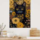 Kat met grote ogen voor de bloemen #2 poster (Keuken)