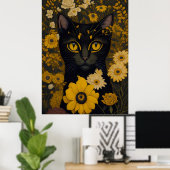 Kat met grote ogen voor de bloemen poster (Thuiskantoor)