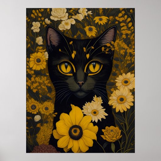 Kat met grote ogen voor de bloemen poster (Voorkant)