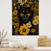 Kat met grote ogen voor de bloemen poster (Keuken)