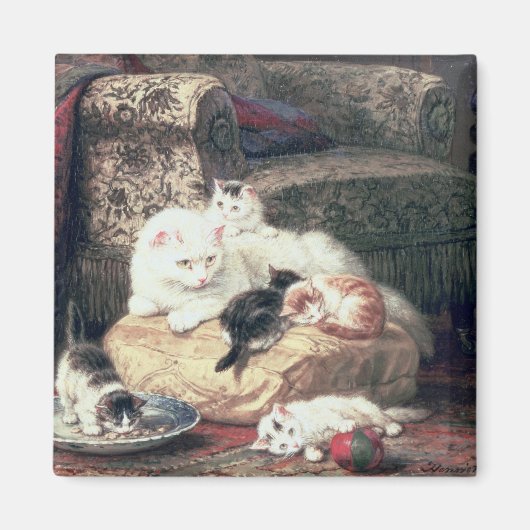 Kat met haar Kittens op een kussen Magneet (Voorkant)
