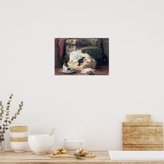 Kat met haar Kittens op een kussen Poster (Keuken)