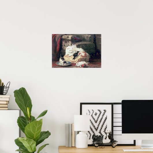 Kat met haar Kittens op een kussen Poster (Thuiskantoor)