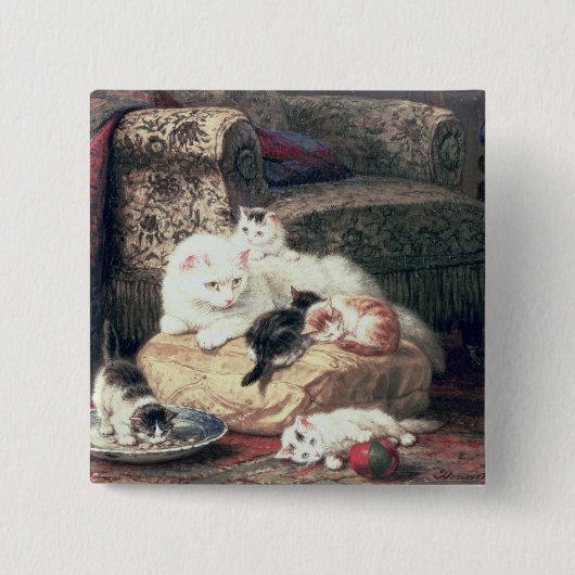 Kat met haar Kittens op een kussen Vierkante Button 5,1 Cm (Voorkant)