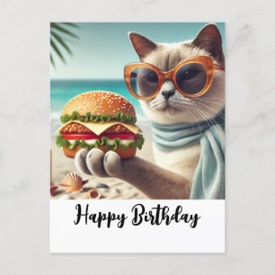 Kat met hamburger Gefeliciteerd  Briefkaart