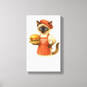 Kat met hamburger voor keukendecoratie canvas afdruk