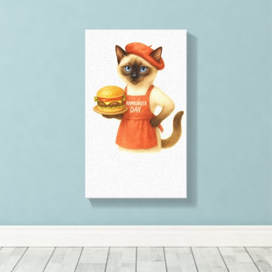 Kat met hamburger voor keukendecoratie canvas afdruk (Insitu (Houten vloer))