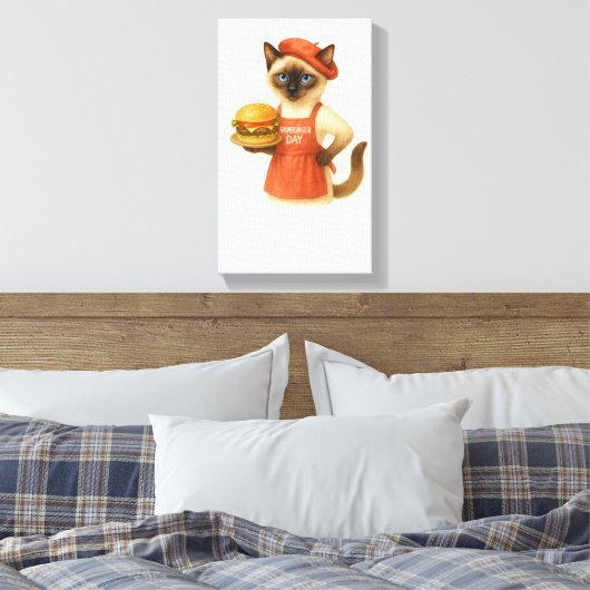 Kat met hamburger voor keukendecoratie canvas afdruk (Insitu (Slaapkamer))