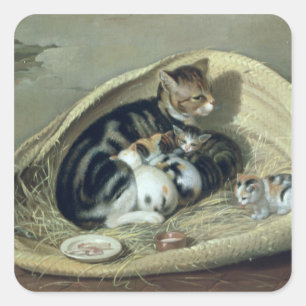 Kat met Hare Kittens in een mandje, 1797 Vierkante Sticker
