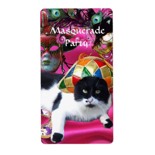 KAT MET HARLEQUIN PET EN MASKERADE PARTIJMASKERS ETIKET (Voorkant)