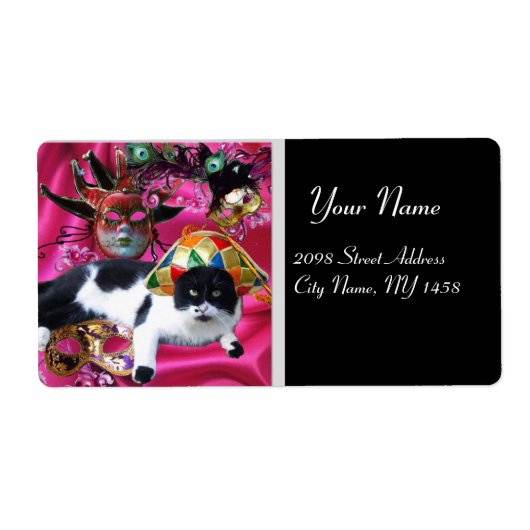 KAT MET HARLEQUIN PET EN MASKERADE PARTIJMASKERS ETIKET (Voorkant)