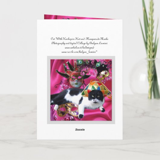 KAT MET HARLEQUIN PET EN MASKERADE PARTIJMASKERS FEESTDAGEN KAART (Achterkant)