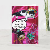 KAT MET HARLEQUIN PET EN MASKERADE PARTIJMASKERS FEESTDAGEN KAART (Voorkant)