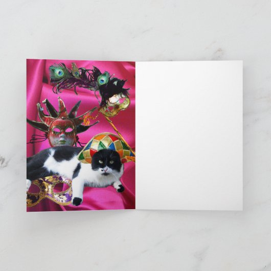 KAT MET HARLEQUIN PET EN MASKERADE PARTIJMASKERS FEESTDAGEN KAART (Binnen)