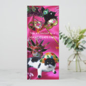 KAT MET HARLEQUIN PET EN MASKERADE PARTIJMASKERS KAART (Staand voorkant)